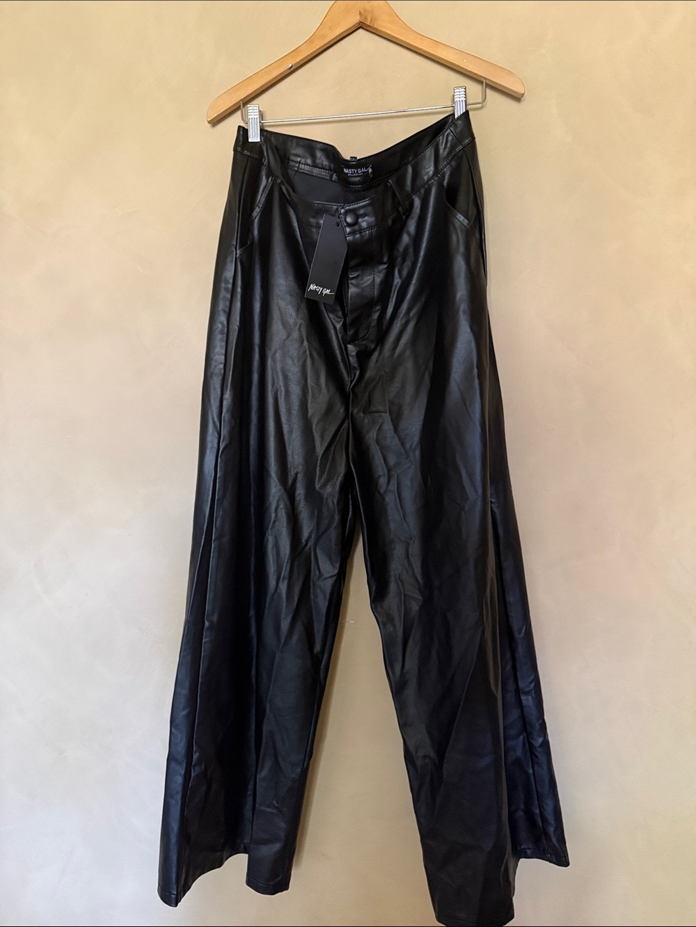 Nasty Gal Black Faux Leather High-Waist Flare Leg Pants us 14 NWT - Picture 2 of 7